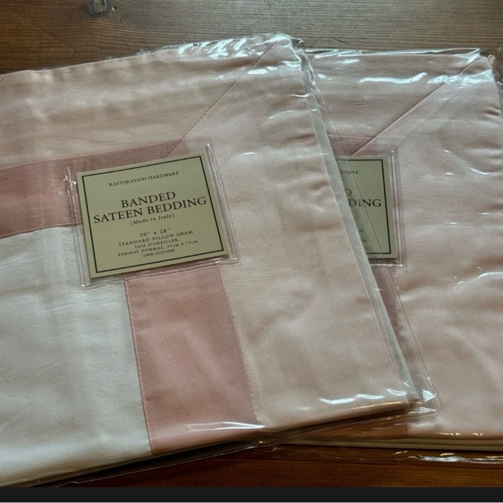 Restoration Hardware double border pink and white pair of standard shams